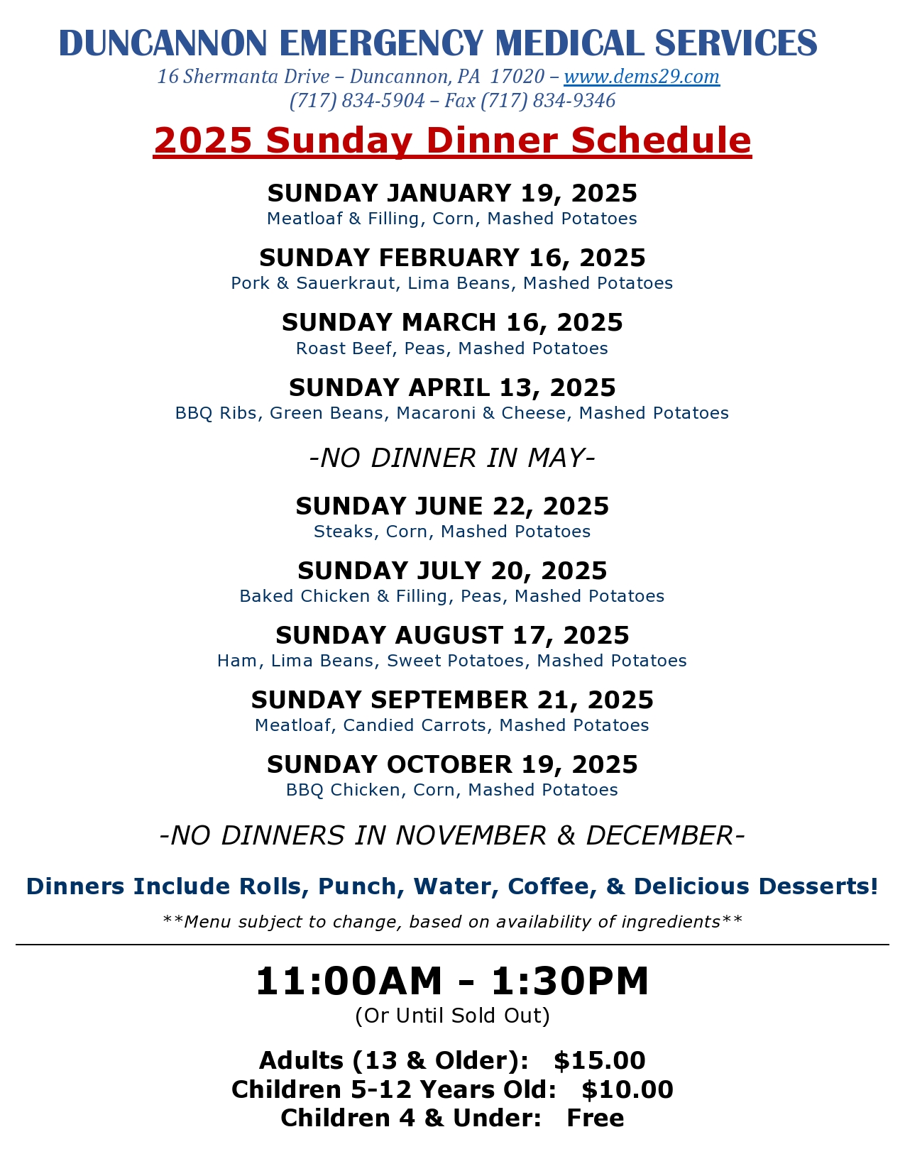 EMS Sunday Dinner Schedule